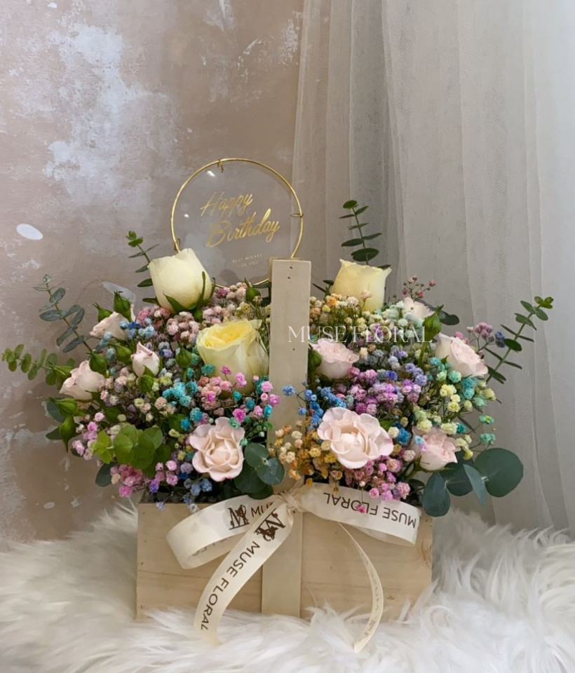 Faerie Garden Flower Basket (Fresh Flower) - Flower Box / Basket Table Top
